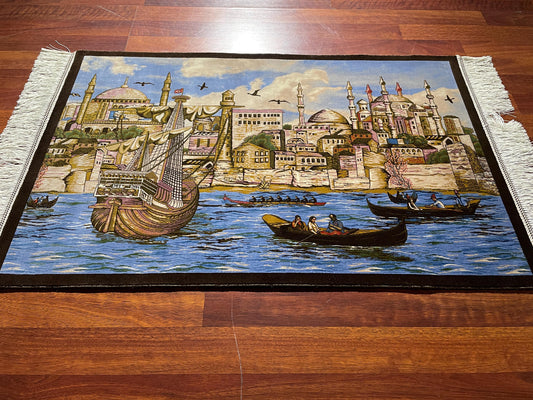 1.96x2.95 ft Istanbul Modal Silk Tapestry Rug, 150 Combs Decorative Wall Hanging, Cityscape Gift Rug, Mini Silk Decor Rug